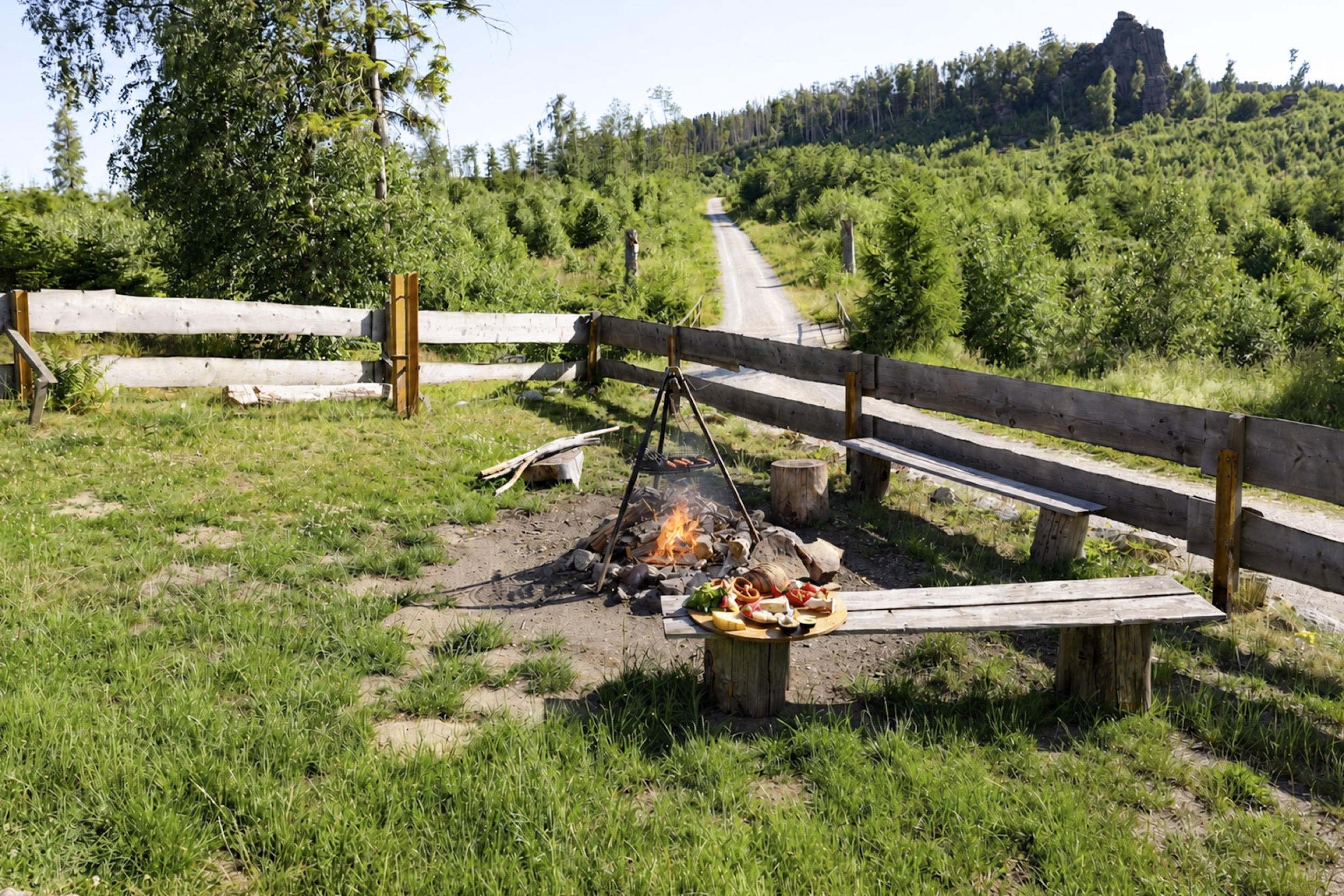 bergwacht feuerstelle lagerfeuer mit blick auf felsen harz