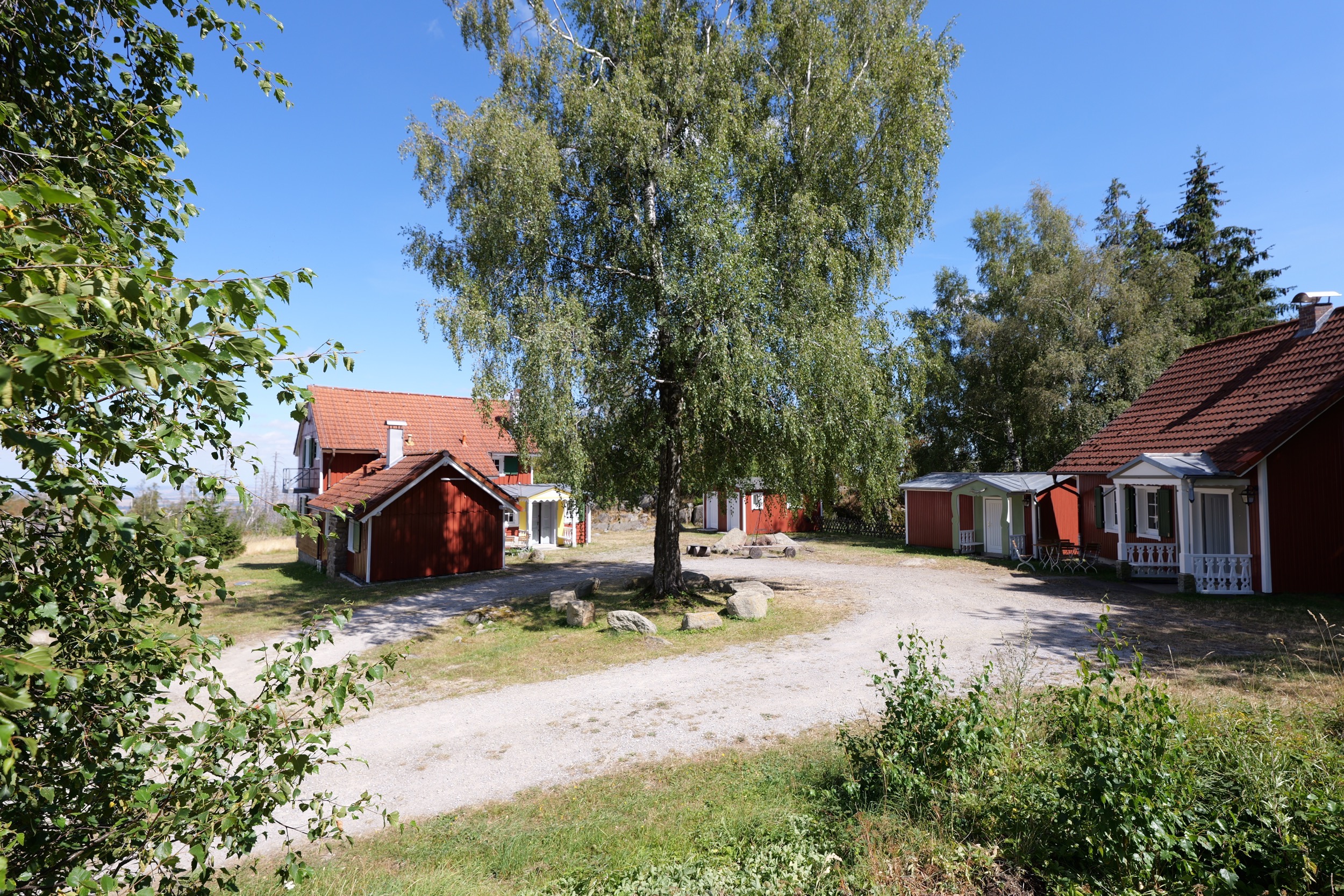 bergwacht rote huetten mit birke und kiesplatz