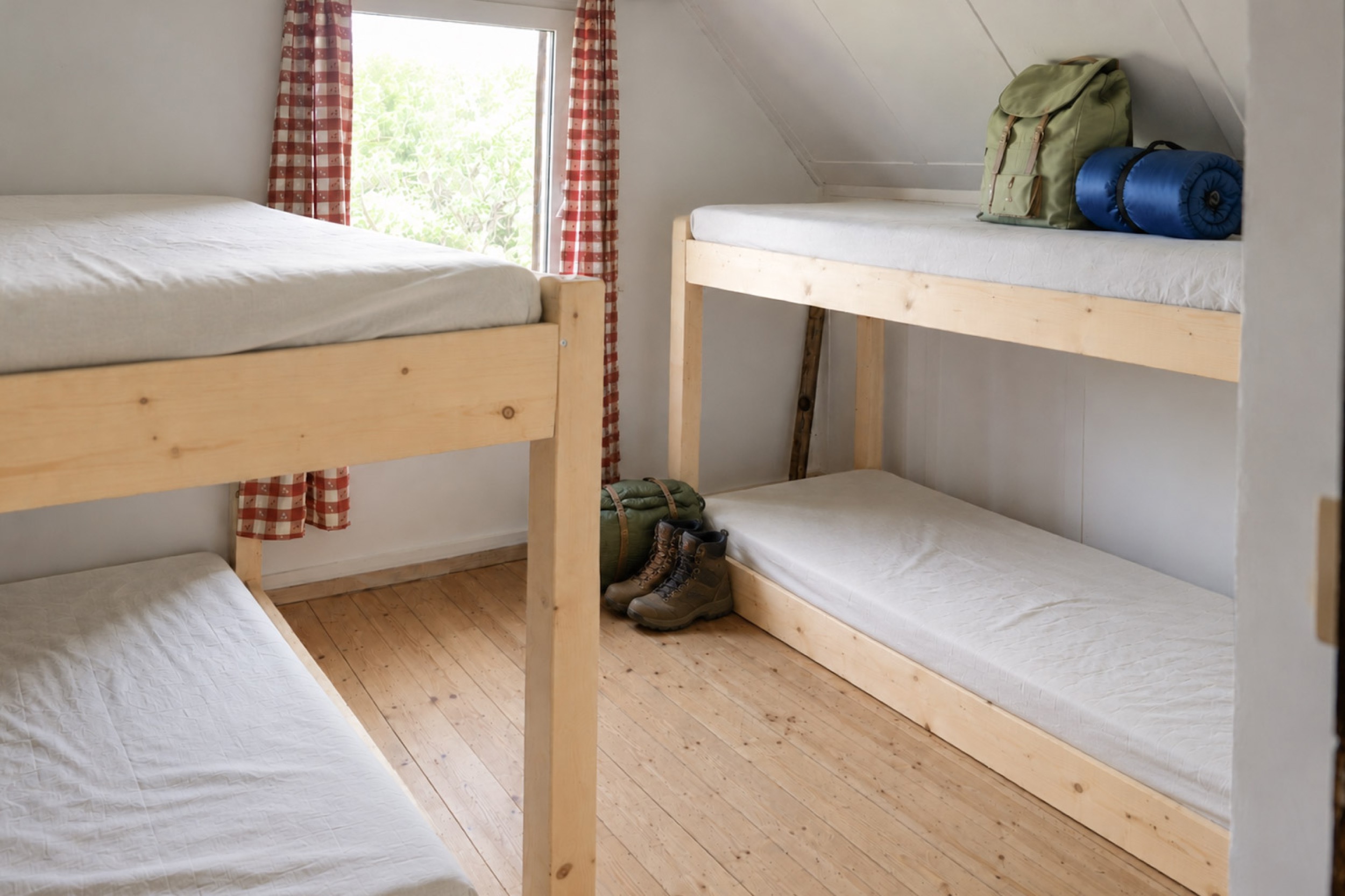 bergwacht schlafzimmer etagenbett mit wanderschuhen und rucksack