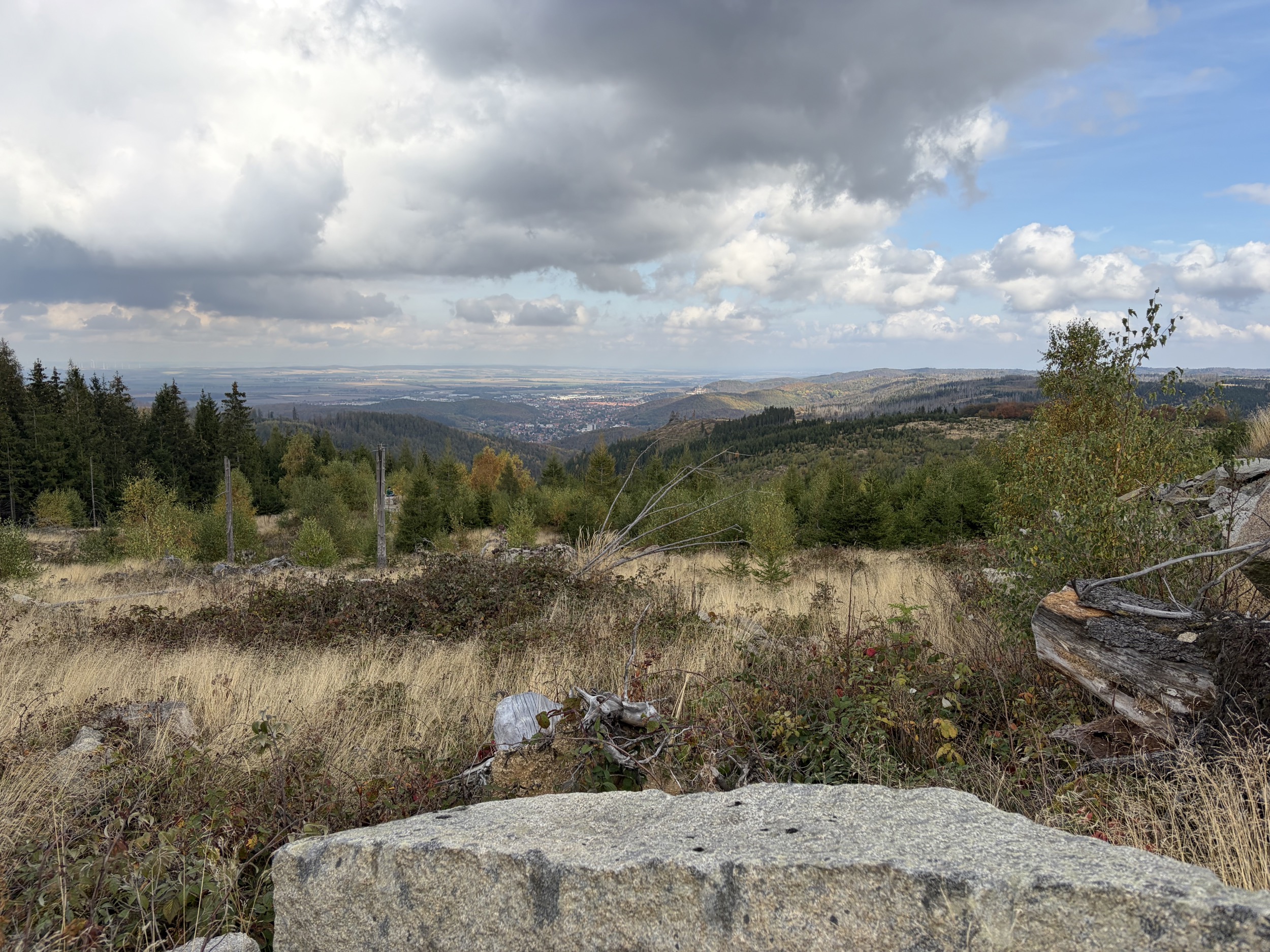 harz aussicht vom aussichtspunkt mit granitblock im vordergrund und wolkenhimmel