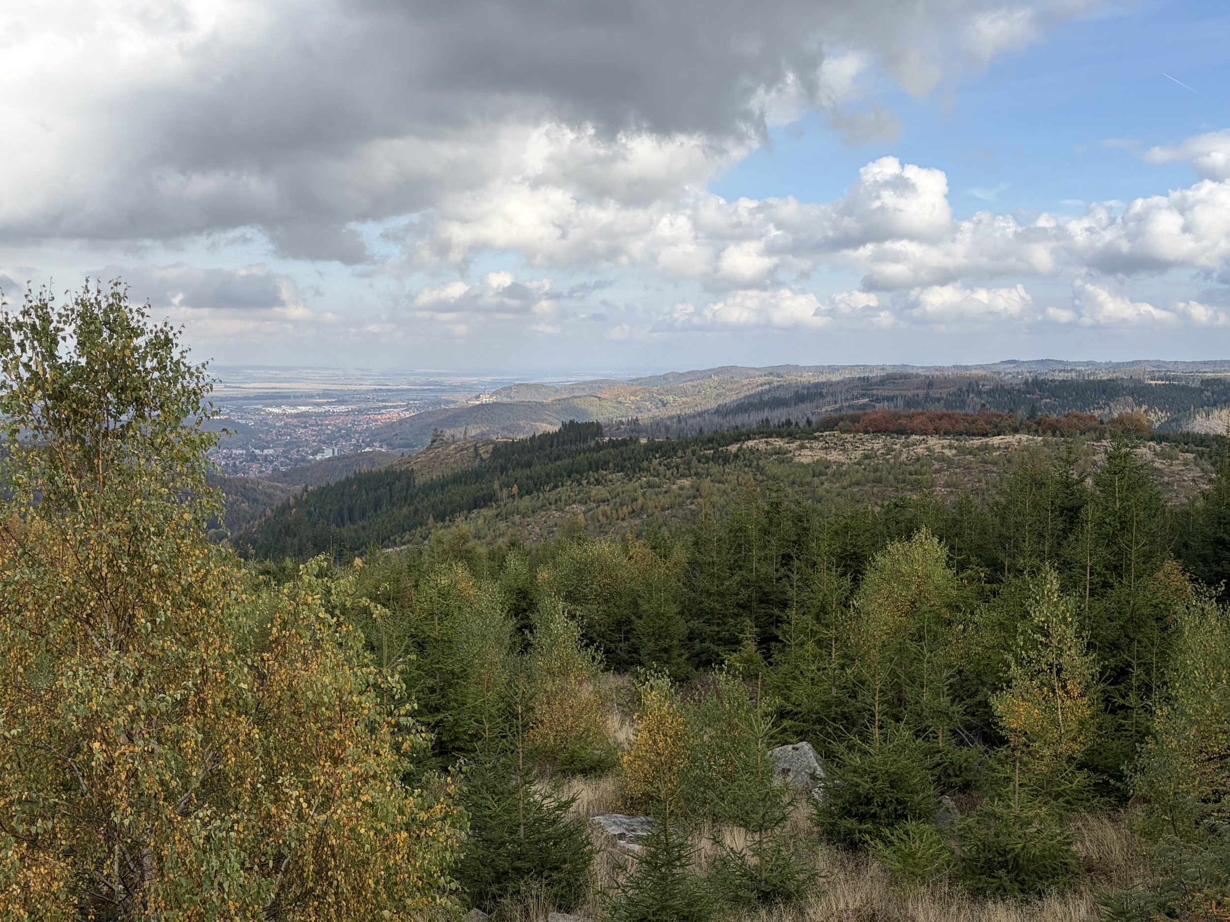harz panoramablick ins tal mit schloss auf huegel und ort