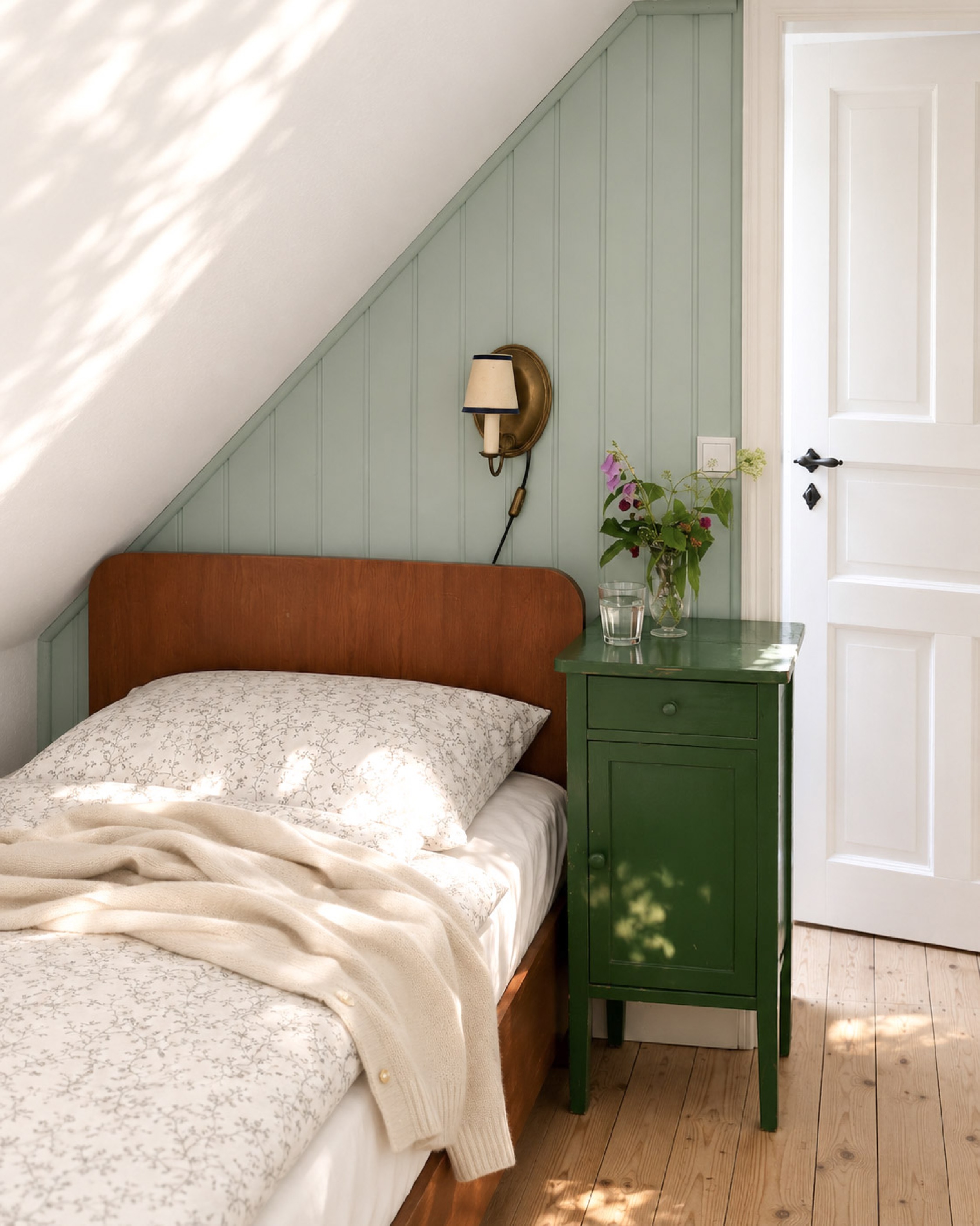 hexenhaus-schlafzimmer-dachschraege-gruener-nachttisch-mit-blumenstrauss