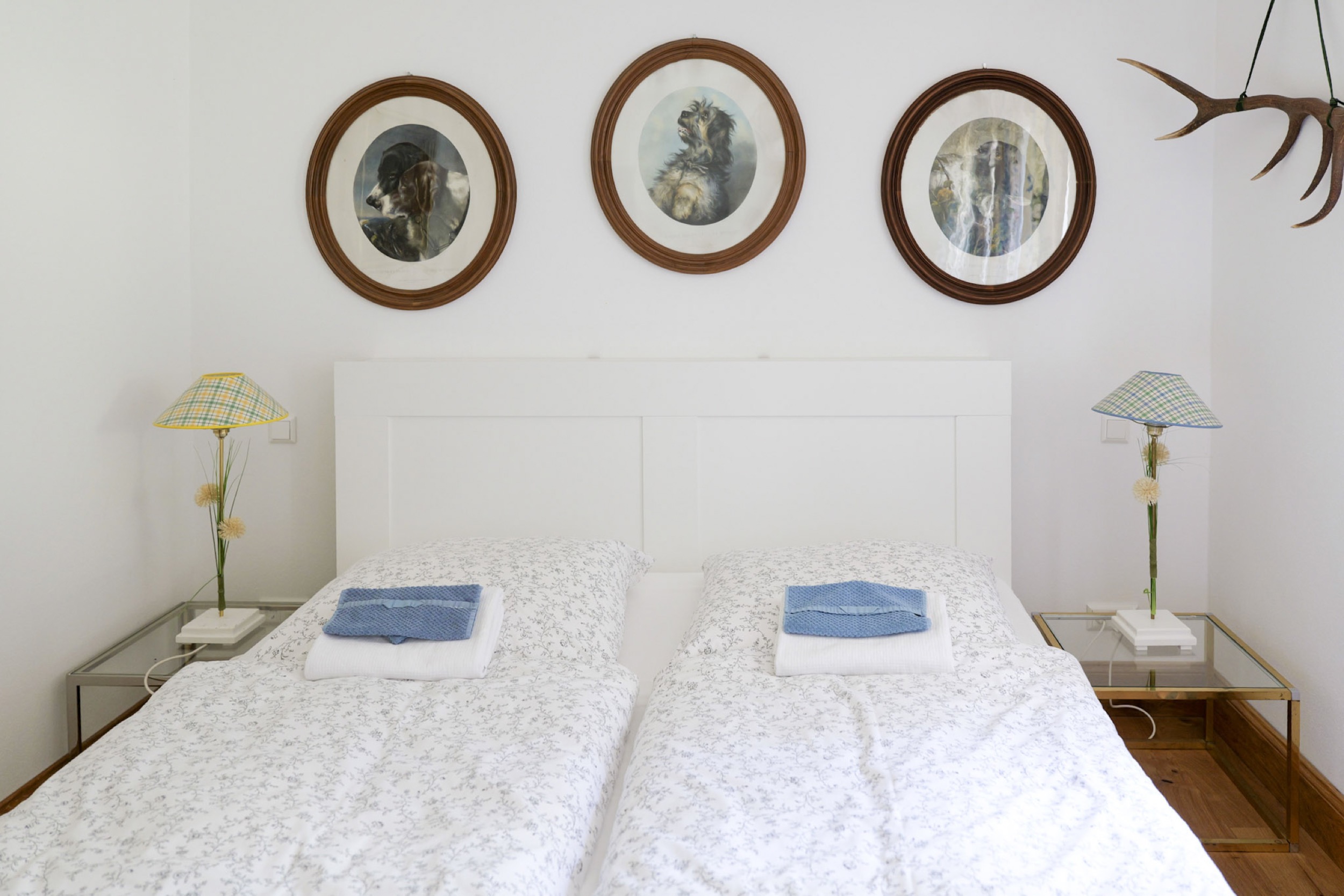 hexenhaus schlafzimmer mit hundeportraits und geweih